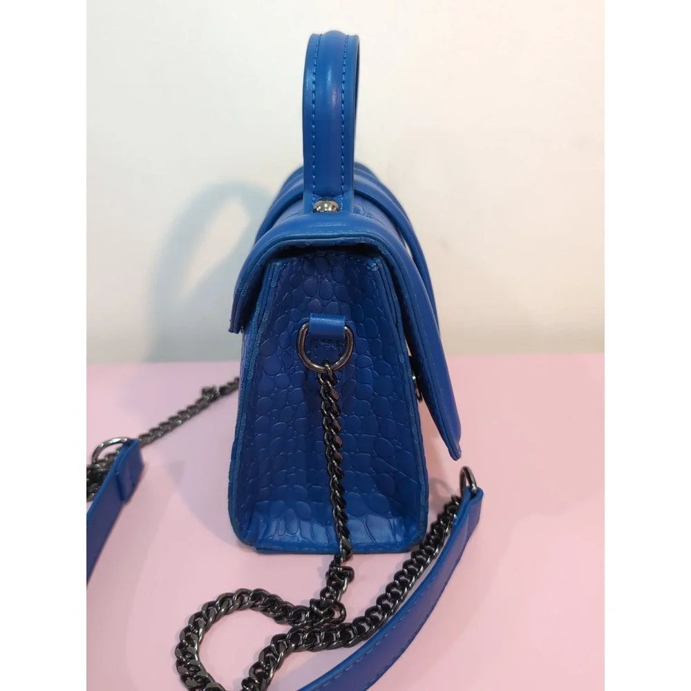 Royal Blue Embossed Small Crossbody Bag w/Chain Strap Top Handle Coquette Y2K